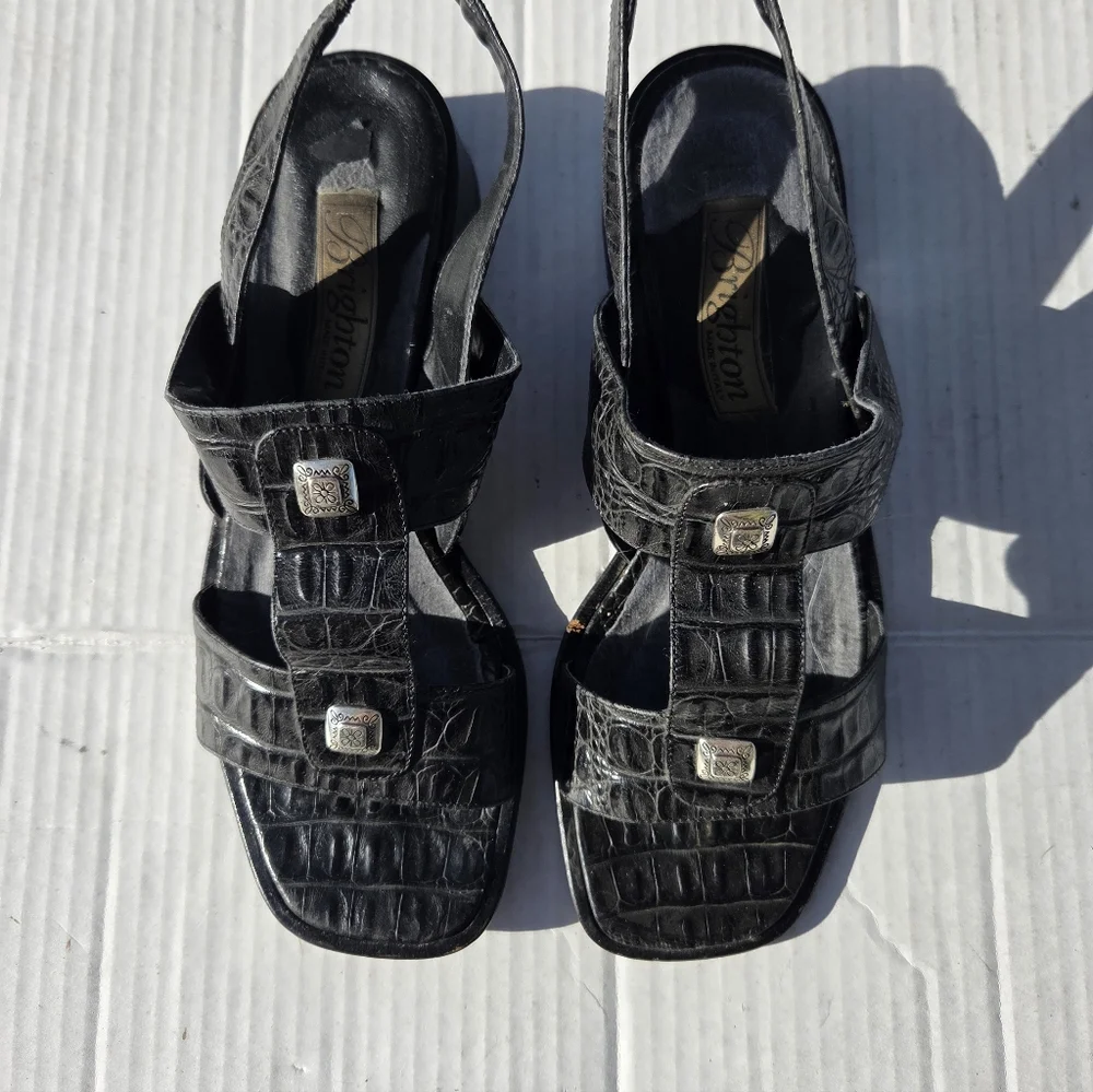 Brighton Y2K Black‎ Square Toe Sandals Leather 8.5M Croc Pattern